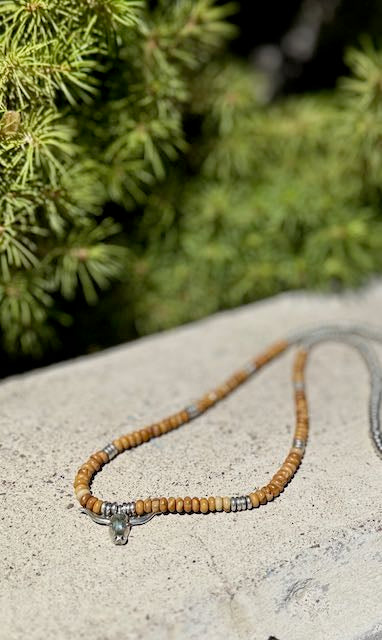Wood Jasper Boho Western Necklace – Gold or Silver Steer Skull Pendant, 17'' Gemstones