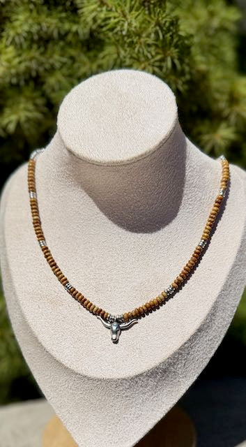 Wood Jasper Boho Western Necklace – Gold or Silver Steer Skull Pendant, 17'' Gemstones