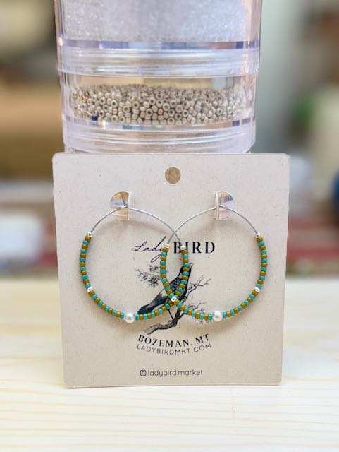 Green & Ochre Yellow Striped Boho Seed Bead Hoop Earrings in Silver