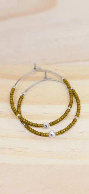 Boho Mustard Yellow & Silver Beaded Hoop Earrings