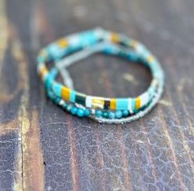 Wild at Heart Stretchy Beaded Bracelet Set – White & Blue Mix Tila Beads with Gold or Silver