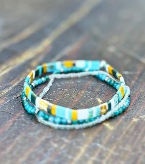 Wild at Heart Stretchy Beaded Bracelet Set – White & Blue Mix Tila Beads with Gold or Silver