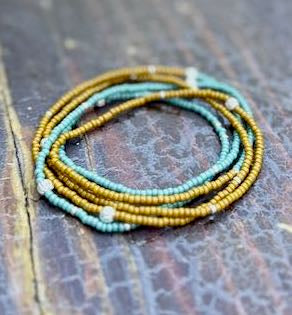 Everyday Boho Seed Bead Bracelet – Stretchy Mustard Yellow & Pale Blue Wrap Design