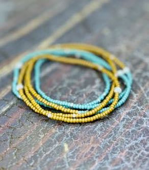 Everyday Boho Seed Bead Bracelet – Stretchy Mustard Yellow & Pale Blue Wrap Design