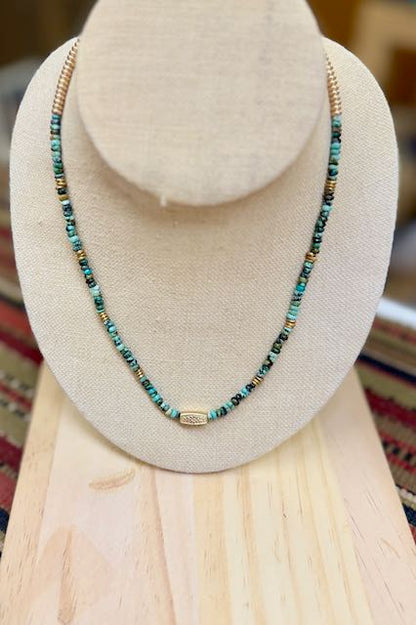 African Turquoise & Gold Western Floral Pendant Stretchy Gemstone Necklace