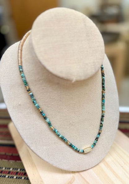 African Turquoise & Gold Western Floral Pendant Stretchy Gemstone Necklace