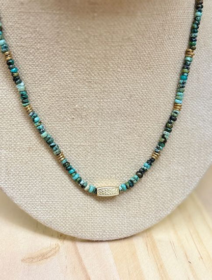 African Turquoise & Gold Western Floral Pendant Stretchy Gemstone Necklace