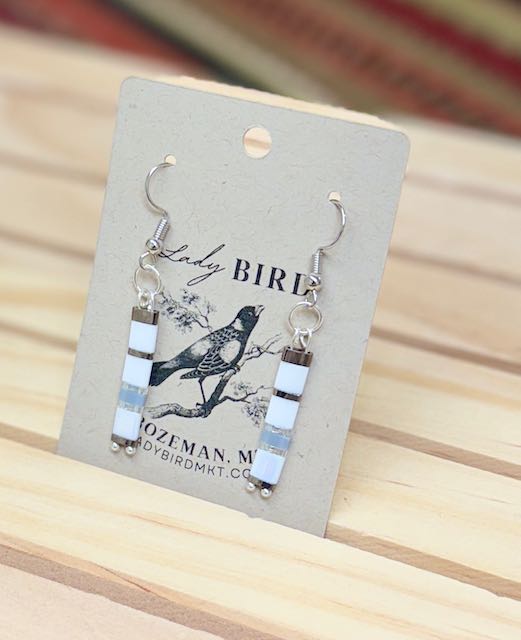White Mix & Silver or Gold Tila Bead Dangle Earrings – Handmade Boho Jewelry