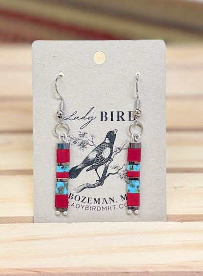 Southwestern Boho Earrings – Brick Red & Turquoise Tila Beads in Gold or Silver