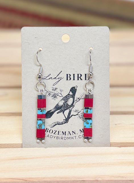 Southwestern Boho Earrings – Brick Red & Turquoise Tila Beads in Gold or Silver