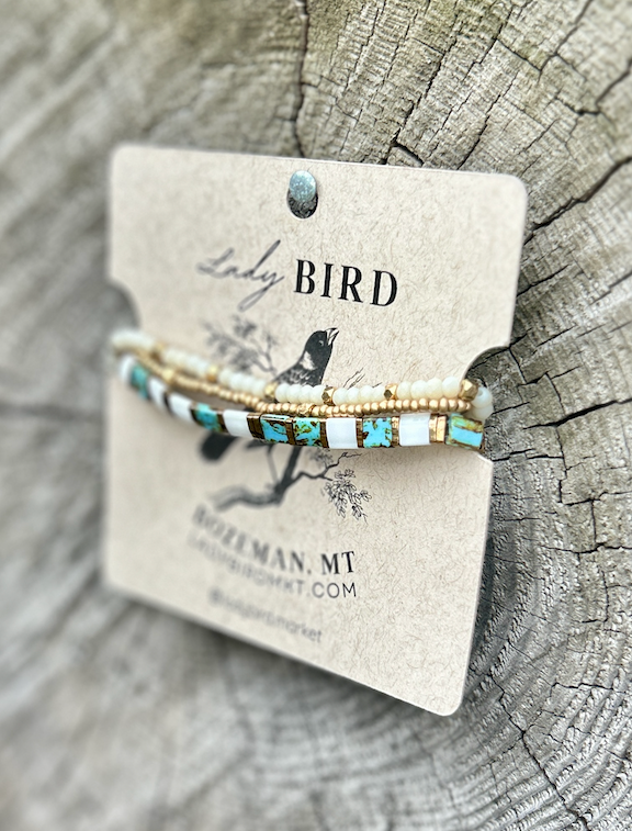 Speckled Turquoise, White & Gold Stretchy Tila Bead Bracelet