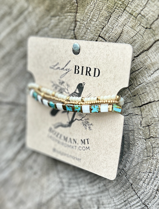 Speckled Turquoise & White with White Stretchy Tile Beaded Bracelet Stack