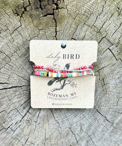 Beach Bum with Magenta Stretchy Tile Beaded Bracelet Stack