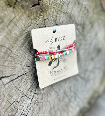 Beach Bum with Magenta Stretchy Tile Beaded Bracelet Stack