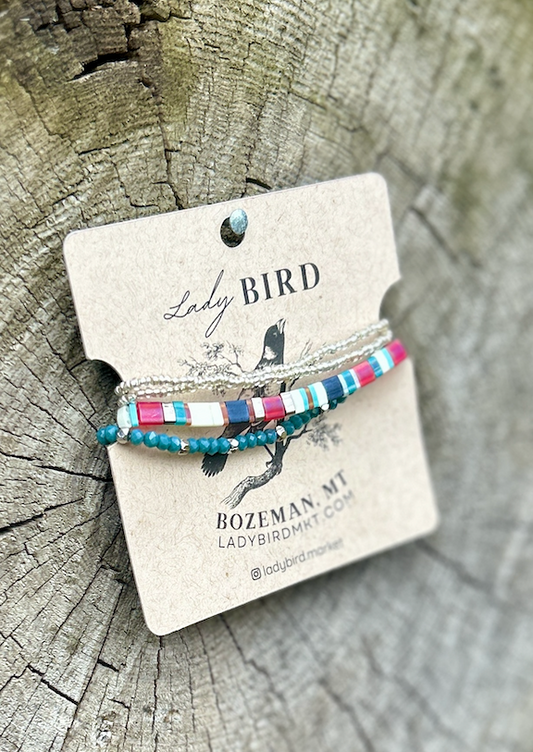 Stars, Stripe & Teal Blue Stretchy Tila Bead Wrap Bracelet