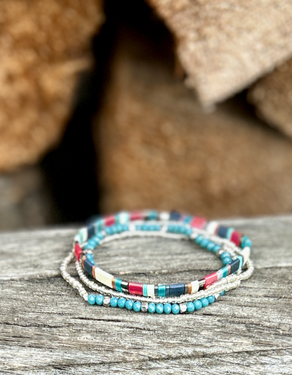 Stars, Stripe & Teal Blue Stretchy Tila Bead Wrap Bracelet