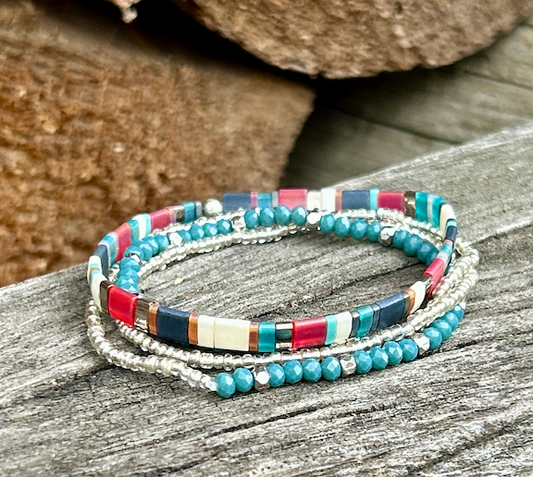 Stars & Stripes Tila Bead Bracelet Stack in Gold or Silver