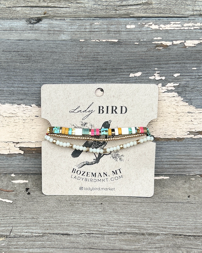 Beach Bum with White Stretchy Beaded Tile Bracelet Stack