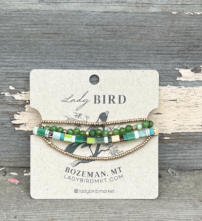 Grassy Meadow with White Stretchy Tile Beaded Bracelet Stack