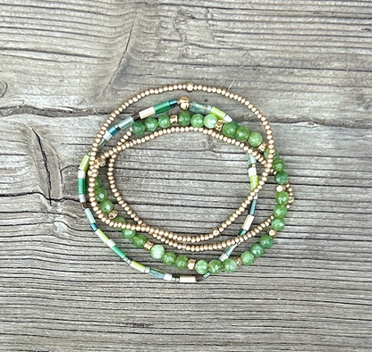 Grassy Meadow with White Stretchy Tile Beaded Bracelet Stack