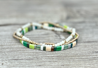 Grassy Meadow with White Stretchy Tile Beaded Bracelet Stack