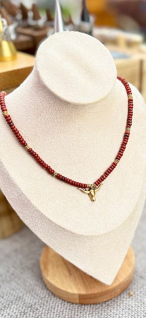 Red Jasper & Silver or Gold Steer Skull Pendant Stretchy Boho Necklace