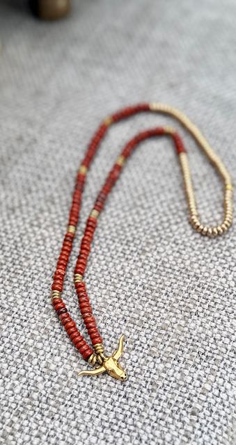 Red Jasper & Silver or Gold Steer Skull Pendant Stretchy Boho Necklace