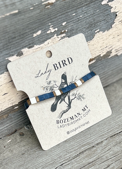 Classic Navy & Coral Tile Beaded Bracelet Stack