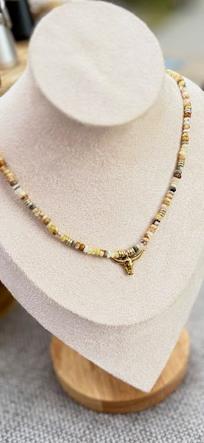 Agate Gemstone Mix Stretchy Necklace – Boho Jewelry with Gold or Silver Steer Skull Pendant
