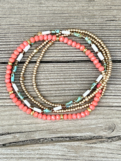Speckled Turquoise & White Stretchy Beaded Wrap Bracelet Set