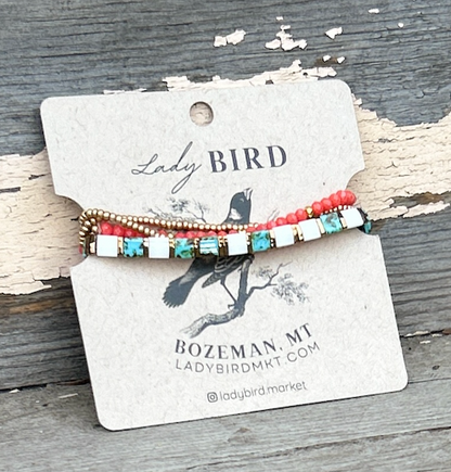 Speckled Turquoise & White Stretchy Beaded Wrap Bracelet Set