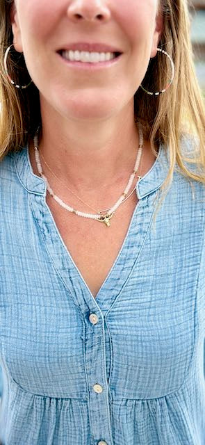 White Jade Gemstone Stretchy Necklace – Boho Jewelry with Gold or Silver Steer Skull Pendant