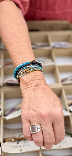 Everyday Boho Seed Bead Bracelet – Stretchy Mustard Yellow & Pale Blue Wrap Design