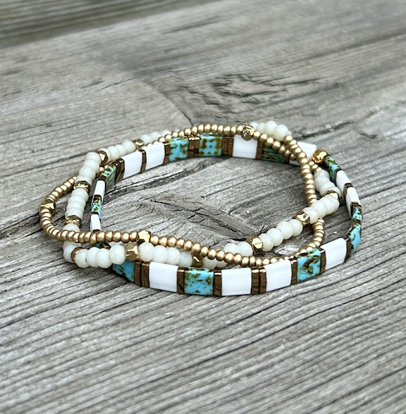 Tila Set Speckled Turquoise & White Wrap Bead Bracelet