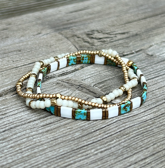 Tila Set Speckled Turquoise & White Wrap Bead Bracelet