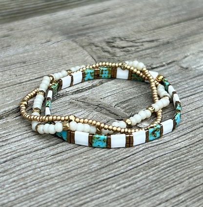 Speckled Turquoise & White Stretchy Beaded Wrap Bracelet Set