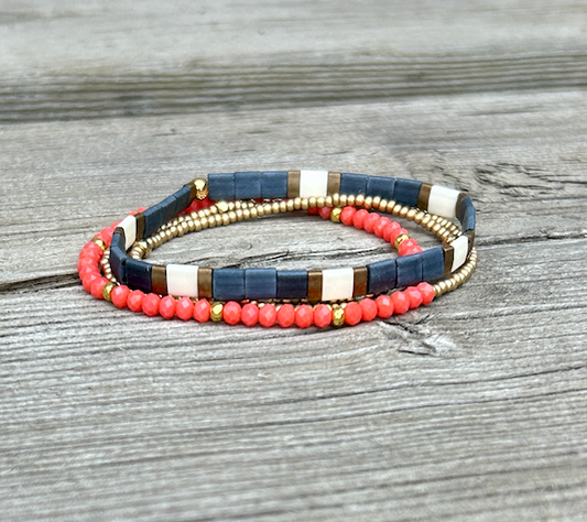 Tila Set Classic Navy & Coral Wrap Tila Bead Bracelet