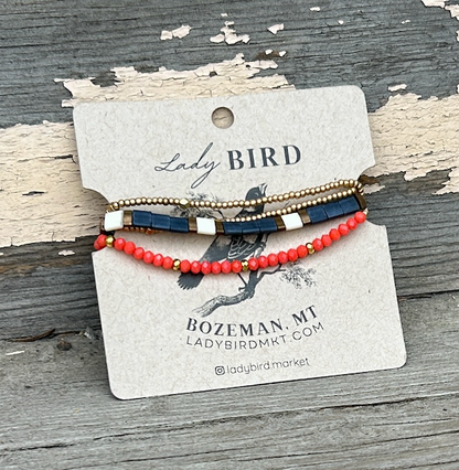 Classic Navy & Coral Tile Beaded Bracelet Stack