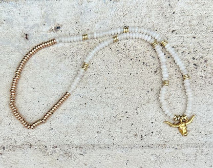 White Jade Gemstone Stretchy Necklace – Boho Jewelry with Gold or Silver Steer Skull Pendant