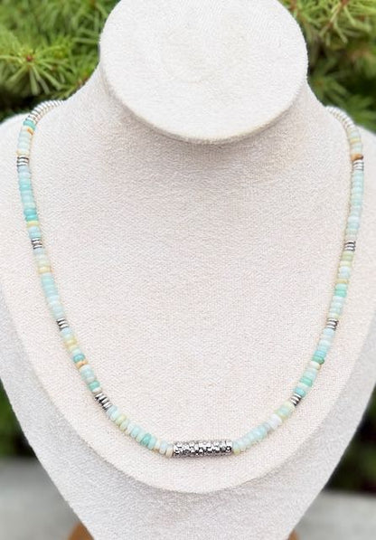 Amazonite Gemstone Stretchy Necklace – Boho Jewelry with Silver Western Floral Bar