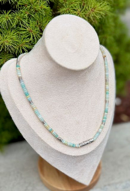 Amazonite Gemstone Stretchy Necklace – Boho Jewelry with Silver Western Floral Bar