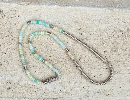 Amazonite Gemstone Stretchy Necklace – Boho Jewelry with Silver Western Floral Bar