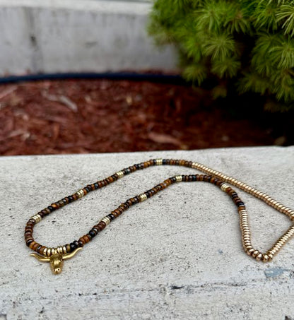 Tiger’s Eye Gemstone Stretchy Necklace – Boho Jewelry with Gold or Silver Steer Skull Pendant