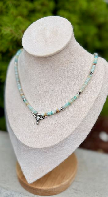 Amazonite Gemstone Stretchy Necklace – Boho Jewelry with Gold or Silver Steer Skull Pendant