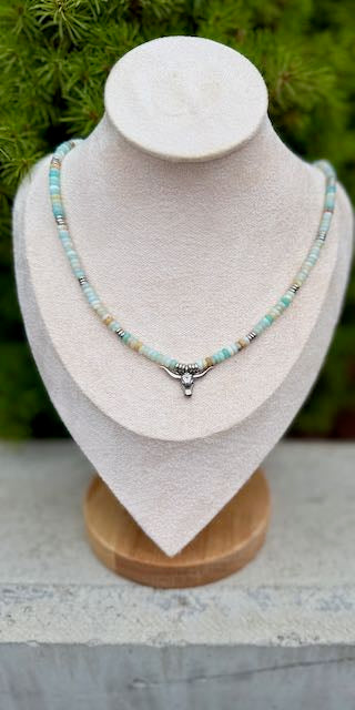 Amazonite Gemstone Stretchy Necklace – Boho Jewelry with Gold or Silver Steer Skull Pendant
