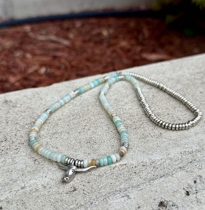 Amazonite Gemstone Stretchy Necklace – Boho Jewelry with Gold or Silver Steer Skull Pendant