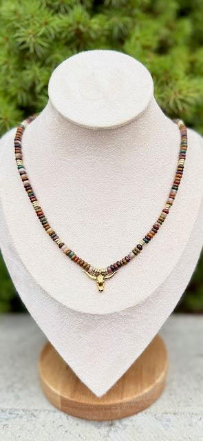 Ocean Jasper Gemstone Stretchy Necklace with Gold or Silver Steer Skull Pendant
