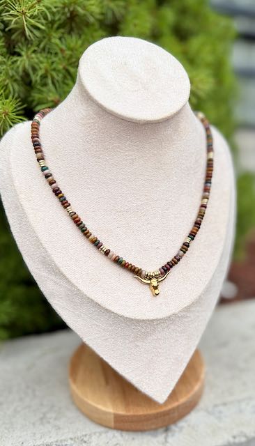 Ocean Jasper Gemstone Stretchy Necklace with Gold or Silver Steer Skull Pendant