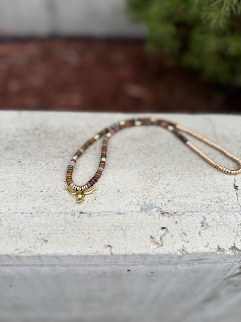 Ocean Jasper Gemstone Stretchy Necklace – Boho Jewelry with Gold or Silver Steer Skull Pendant