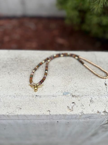 Ocean Jasper Gemstone Stretchy Necklace with Gold or Silver Steer Skull Pendant